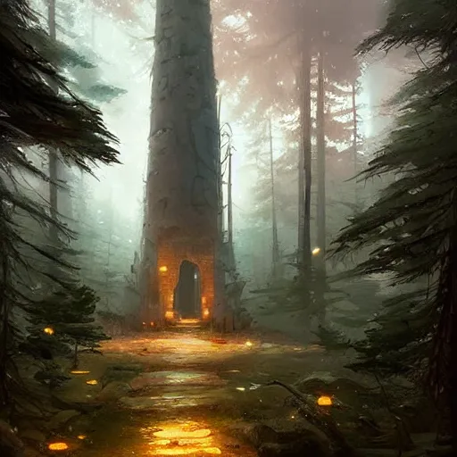 Image similar to a magical tower in the middle of the woods, magical forest, by Jordan Grimmer and greg rutkowski, crisp lines and color,