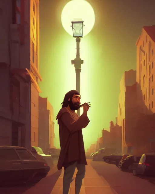 Image similar to highly detailed vfx portrait of jesus smoking a cigarette under a street light, unreal engine, greg rutkowski, loish, rhads, beeple, makoto shinkai and lois van baarle, ilya kuvshinov, rossdraws, tom bagshaw, alphonse mucha, global illumination, detailed and intricate environment