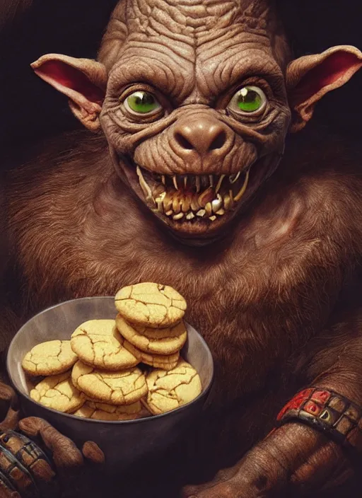 Image similar to highly detailed closeup portrait of a medieval goblin eating cookies, stephen bliss, unreal engine, greg rutkowski, ilya kuvshinov, ross draws, hyung tae and frank frazetta, tom bagshaw, tom whalen, nicoletta ceccoli, mark ryden, earl norem, global illumination, god rays, detailed and intricate environment