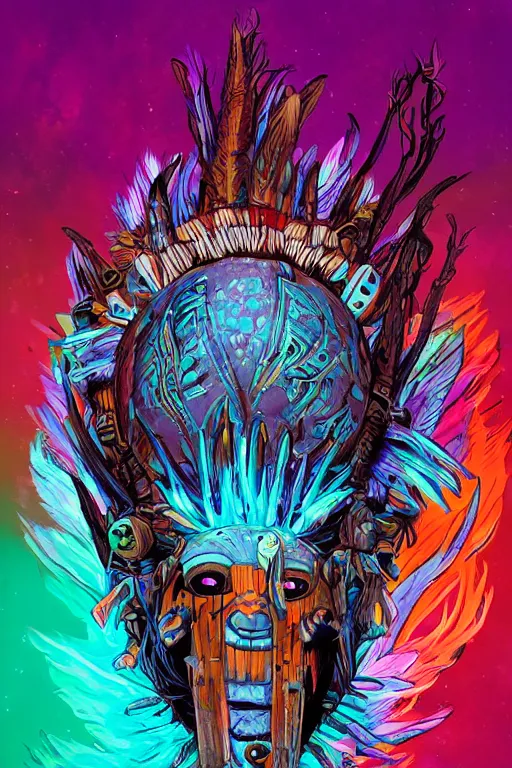 Image similar to totem animal tribal chaman vodoo mask feather gemstone plant wood rock video game illustration vivid color borderlands by josan gonzales and dan mumford radiating a glowing aura