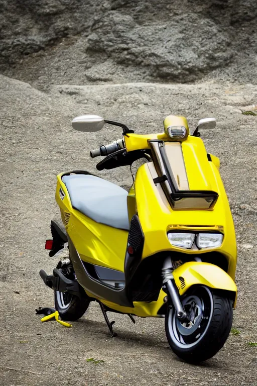 Image similar to yamaha dio with yellow, carbon and white paintjob, mountainroad background, midday, 5 0 ccm engine, race style, custom scooter, dslr, 8 5 mm, f / 1. 3