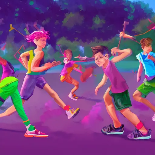 Prompt: training battle, group of children, training fields, summer camp, highly detailed, artstation, digital painting, vibrant colors, by lisa frank