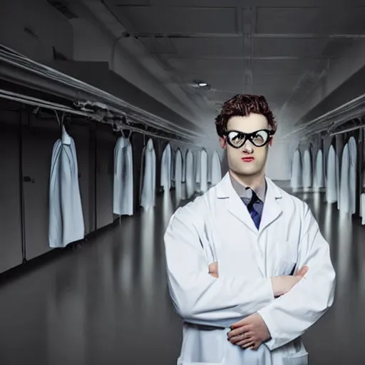 Image similar to a male scientist wearing a lab coat lost suit inside the very dark empty unsettling creepy backrooms, liminal space, flickering fluorescent lights, eerie mood