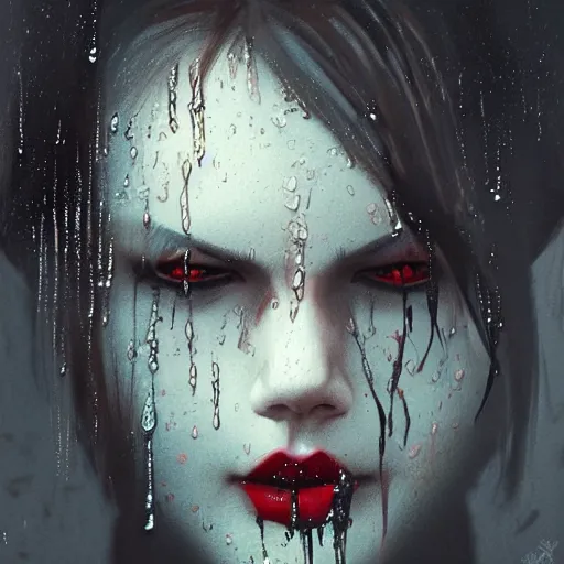 Image similar to impudent facial expression of shameless woman, shadow of the cross, atmosphere of bloody rain, trending on artstation, highly detailed, digital painting, volumetric light, concept art, sharp focus, illustration