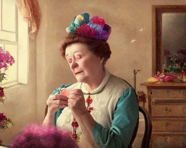 Image similar to an innocent and beautiful scene in hyper realistic style, about an old and lonely woman applying makeup in front of the camera, and modeling a victorian dress. a huge and colorful fish sits on her head.