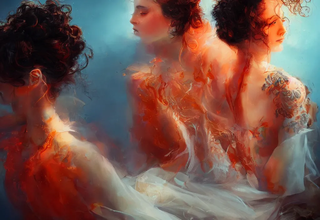 Image similar to full body portrait of a duo of 1 9 years old girl figures, curly messy high bun hairstyle, oriental tattoos, jewelry, subject wearing a high fashion gown, flowing, beautiful, dramatic, cinematic lighting, orange, taupe, fire red, few vivid turquoise highlights, by ross tran and jeremy mann, artstation, pixiv, oil on canvas