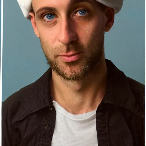 Image similar to color photograph of a 40 year old white Jewish Israeli skinny man with short, curly, blond hair and very small blue eyes, dressed in a white t shirt, gray shorts and a beret, with a small mole to the right of his very thin lips, with a straight nose and blond stubble, and an earring in the left ear