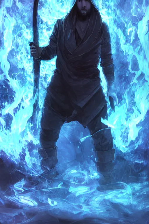 Prompt: a mysterious man holding a fire scythe in blue flames, WLOP, Ross Draws, mixed media, digital art, trending on artstation, 8k, epic composition, highly detailed, AAA graphics