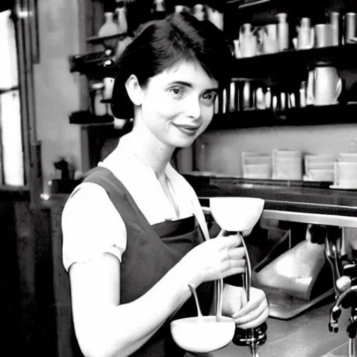 Prompt: young isabella rossellini working as a barista