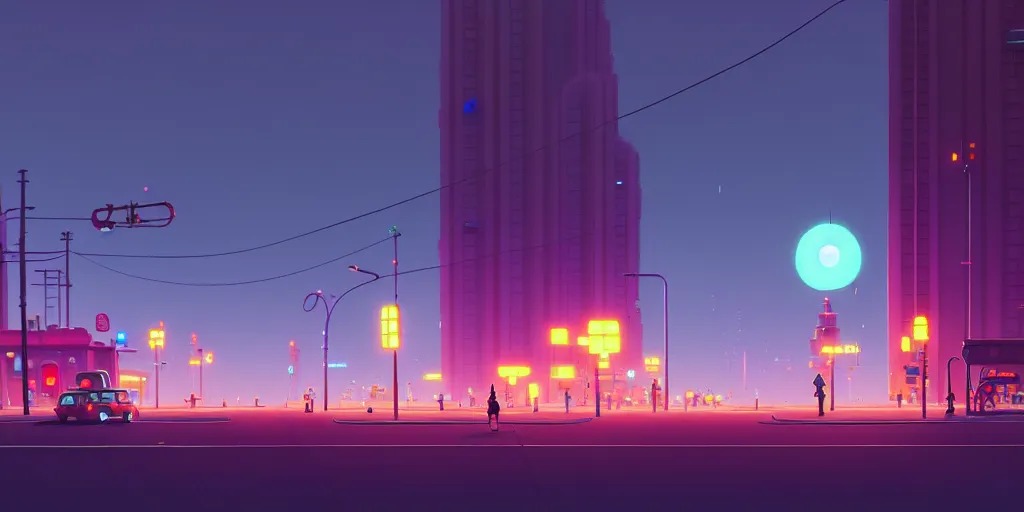 Image similar to city, building, cars, neon lights, night time, park, people, happy town, by Goro Fujita and Simon Stalenhag , 8k, trending on artstation, hyper detailed, cinematic
