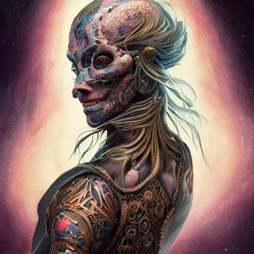 Image similar to an Artstation 3d render of Very very very very highly detailed beautiful mystic head and torso portrait of a phantom warrior with galaxy, tattoos by Anton Pieck, intricate, extremely detailed, digital painting, artstation, concept art, smooth, sharp focus, illustration, intimidating lighting, incredible art,