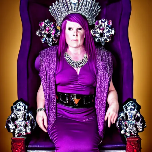 Image similar to A 4k photo skinny woman with purple hair wearing a diamond crown, sitting in a red throne in a dark and obscure room.