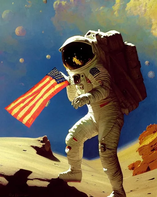 Prompt: handsome astronaut plants a flag on the moon, painting by gaston bussiere, craig mullins, j. c. leyendecker