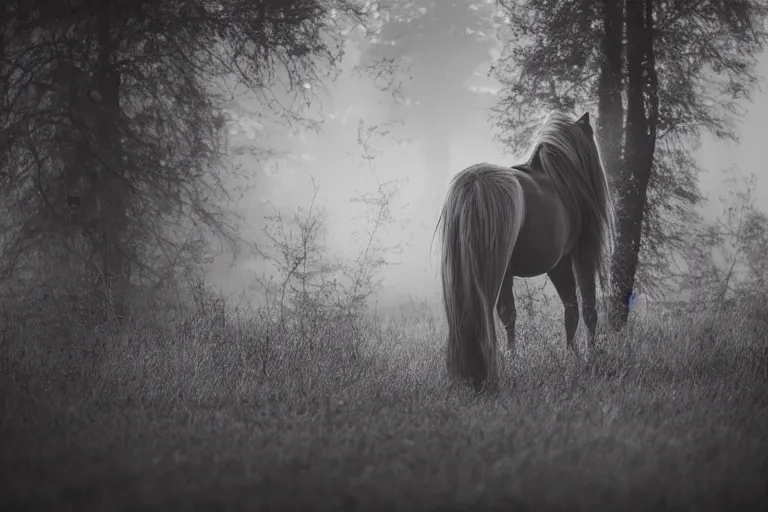 Prompt: Pinkie Pie equine sitting down viewed from behind, gazing off into the horizon, professional animal photography and mood lighting, flowing mane and tail, relaxed expression, subtle fog, fireflies 4k