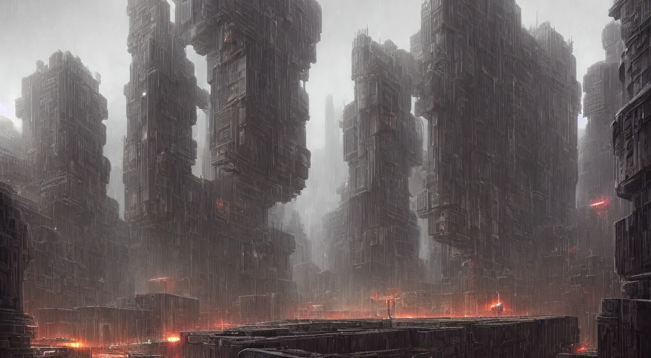 Image similar to highly detailed brutalist architecture city, star wars imperial style, while it's raining, stephen bliss, unreal engine, fantasy art by greg rutkowski, loish, rhads, ferdinand knab, makoto shinkai, ilya kuvshinov, rossdraws, global illumination, radiant light, detailed and intricate environment