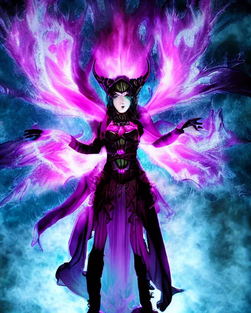 Image similar to pyromancer devil girl cover in purple death flames, deep pyro colors, purple laser lighting, award winning photograph, radiant flares, intricate, various refining methods, micro macro autofocus, evil realm magic painting vibes