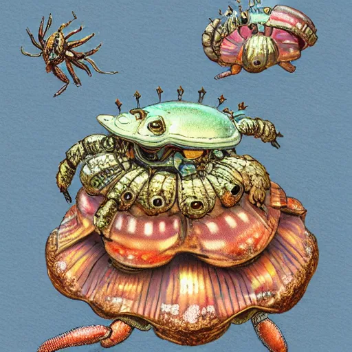 Prompt: illustration of one small standalone highly detailed hermitcrab! paguro crab in a flowerpunk steampunk cyber shell, with flemish baroque rococo unexpected maximalist elements. seen from the distance hd! matte paper background. childrenbook in soft natural pastel tones