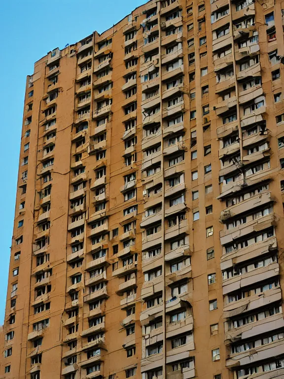 Image similar to soviet panel apartment building photo, extreme wide shot, golden hour, kodak gold 2 0 0, side - view