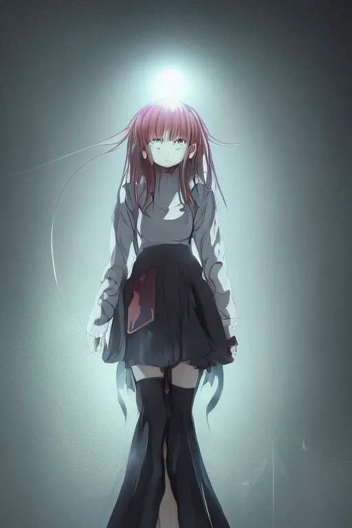 Image similar to Digital anime art by WLOP and Mobius, The hallway of a science complex, escaping test subject, a girl with dangerous psychic glow, wearing hospital gown, chains on wrists, angry expression, highly detailed, intriguing lighting