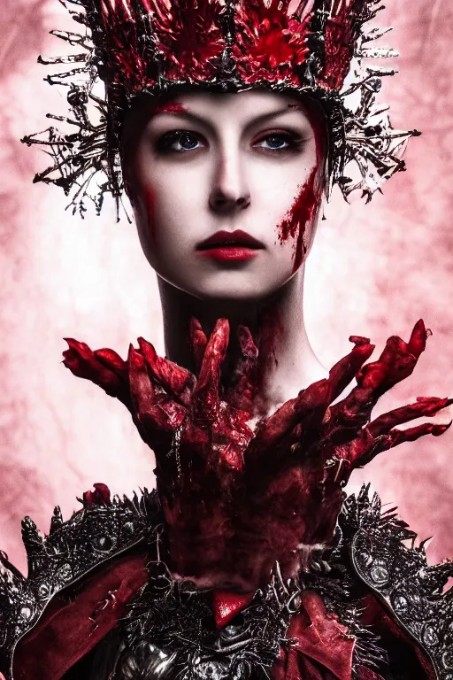 Image similar to the blood crown queen wear the scarlet armor, cinematic lighting, various refining methods, micro macro autofocus, ultra definition, award winning photo