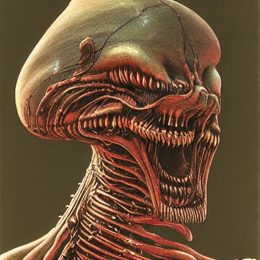 Image similar to space alien, slimy, glossy, sharp teeth, by h. r. giger, beksinski, odyssey 2 0 0 1, nightmare fuel, nightmarish, intricate, highly detailed, optical illusion, stranger things demogorgon, cave lighting, flickering