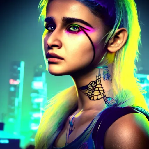 Image similar to Alia Bhatt, neon face tattoo, cyberpunk background, straight hairstyle, white eyes, blonde hair, realistic render, short hair, unreal engine render, Icaro Carvalho