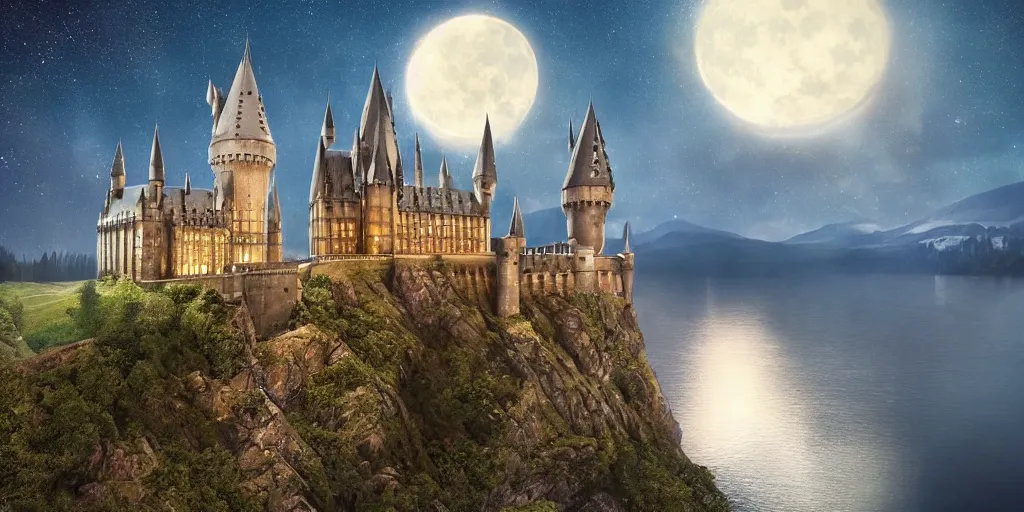 Image similar to insanely detailed long shot of hogwarts castle next to a lake at night with glowing windows cloudy night bright moon, harry potter