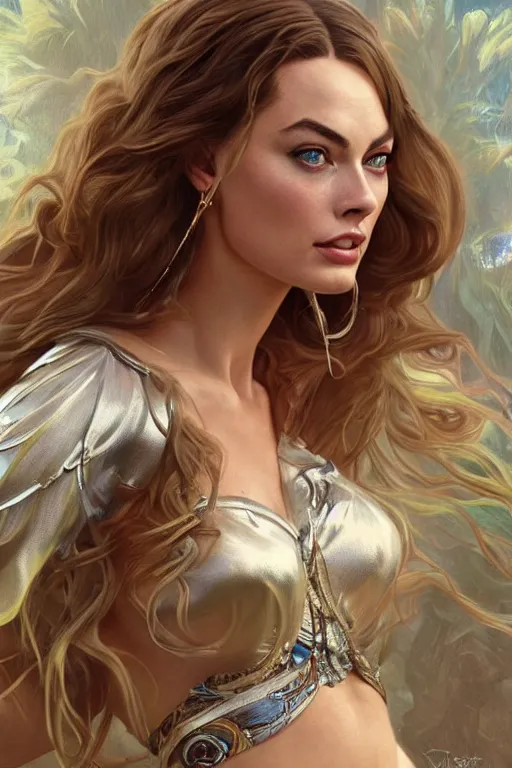 Image similar to ultra realistic illustration, a stunningly beautiful greek goddess of chaos played by margot robbie and taylor swift and megan fox, intricate, elegant, highly detailed, digital painting, artstation, concept art, smooth, sharp focus, illustration, art by artgerm and greg rutkowski and alphonse mucha