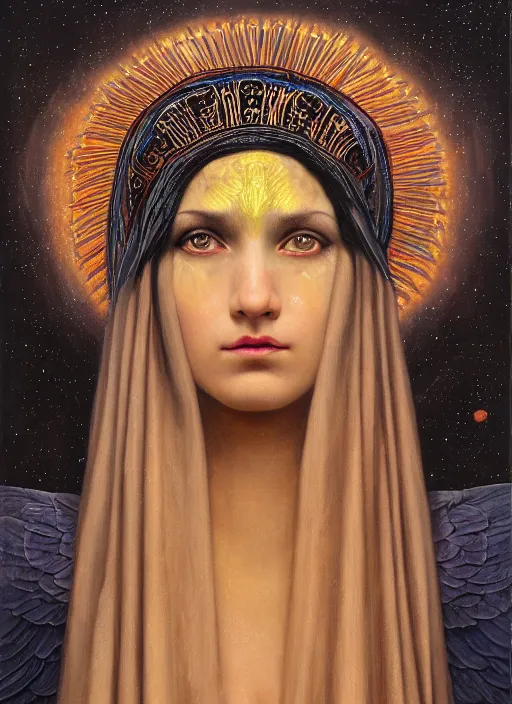 Image similar to acid tripping cult magic psychic woman, third eye, occult ritual, dark witch headdress, oil painting, robe, symmetrical face, greek dark myth, by John William Godward and Anna Dittman, masterpiece