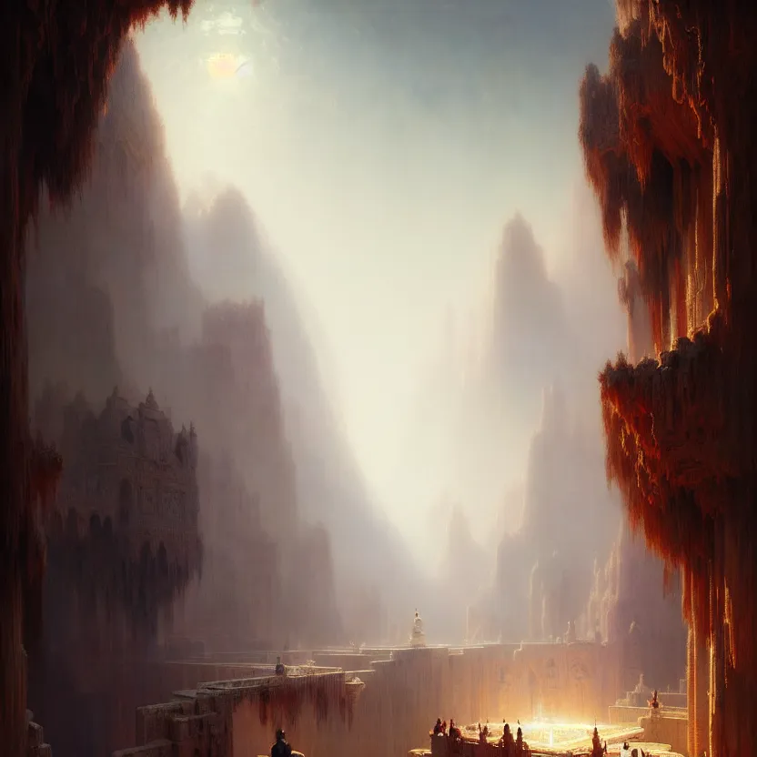 Image similar to magic fluffy Persian carpet & mirror dimension, vertical labyrinth structure, vast vistas, by Greg Rutkowski and Gaston Bussiere, dim lighting, beautiful volumetric-lighting-style atmosphere, surreal atmosphere, intricate, detailed, photorealistic imagery, artstation