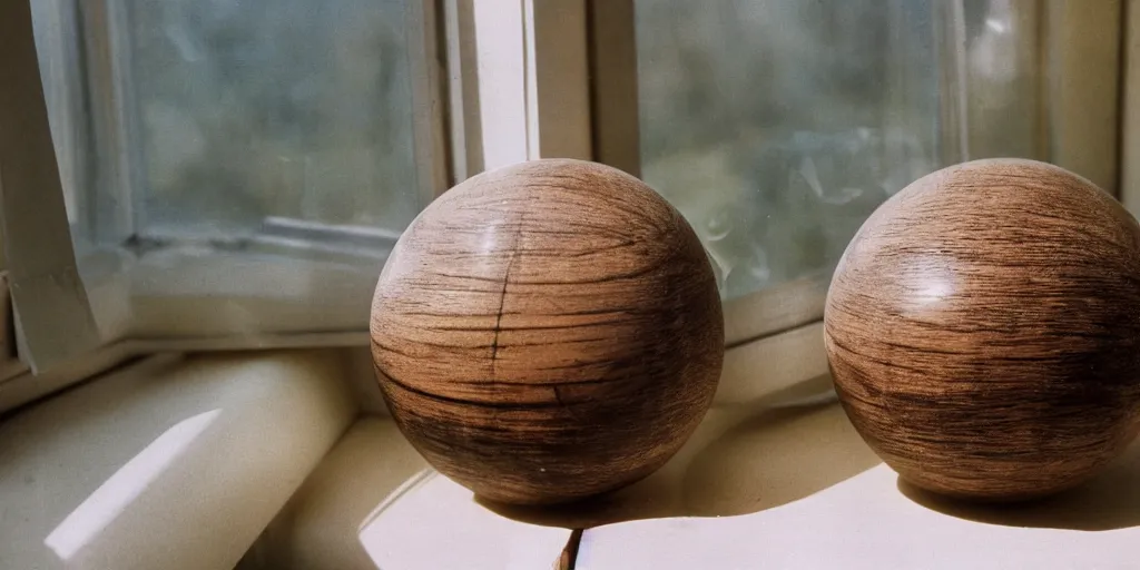 Prompt: 1980s magazine photo of wood sphere next to a window with dappled natural light, smoky