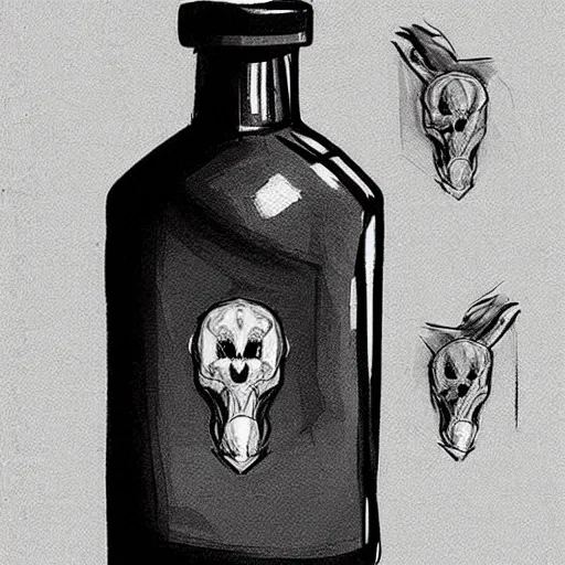 Prompt: a bottle that contains a potion, shaped like a fox skull stoppered. digital charcoal sketch. prop design. # digitalsketch # monochrome # sketch # ink # characterdesign # dndcharacter # charactersketch # characterconcept # conceptart