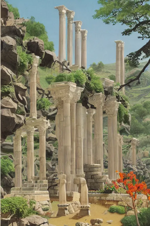 Image similar to mecha robot, hanging gardens of babylon, temple of artemis at ephesus, waterfalls, blooming hills with spring flowers and pillars by helen lundeberg