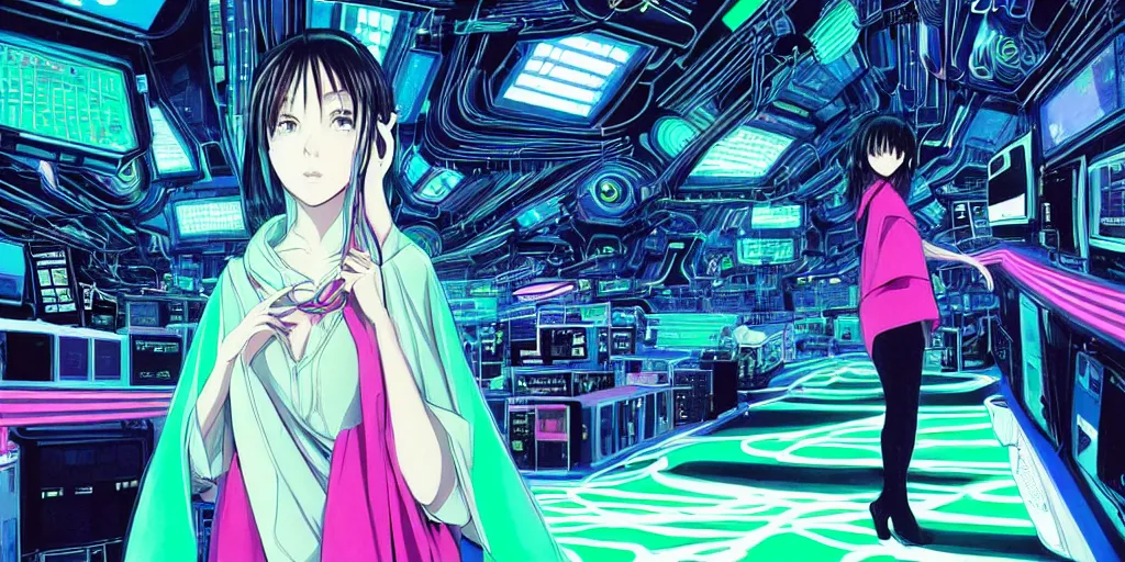 Prompt: “Wide low angle portrait of beautiful woman in silk poncho, backgrouns - big and structured control base with sci-fi futuristic monitor computers strong green glow. Blue and pink colors Mainframe full of cables on the background. Manga BLAME! by Tsutomu Nihei, 2002 year”