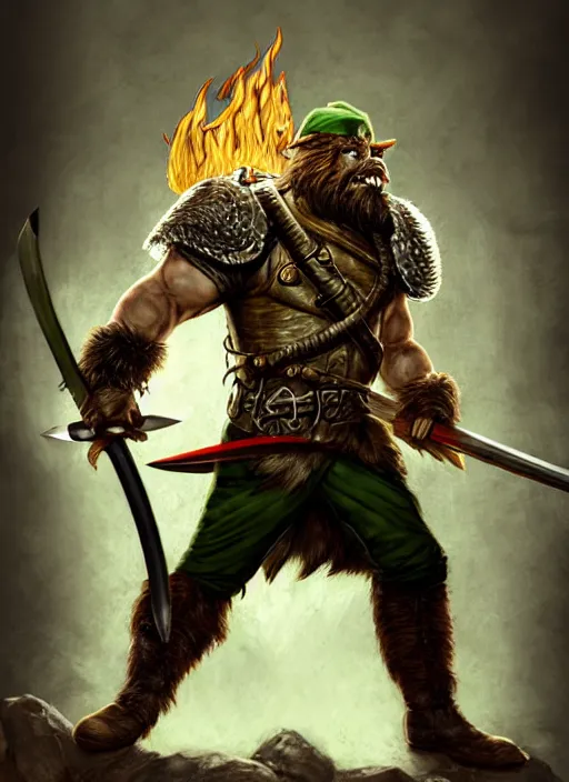 Image similar to strong young man, photorealistic bugbear ranger holding a flaming sword, black beard, dungeons and dragons, pathfinder, roleplaying game art, hunters gear, jeweled ornate leather and steel armour, concept art, character design on white background, by alan lee, norman rockwell, makoto shinkai, kim jung giu, poster art, colours red and green