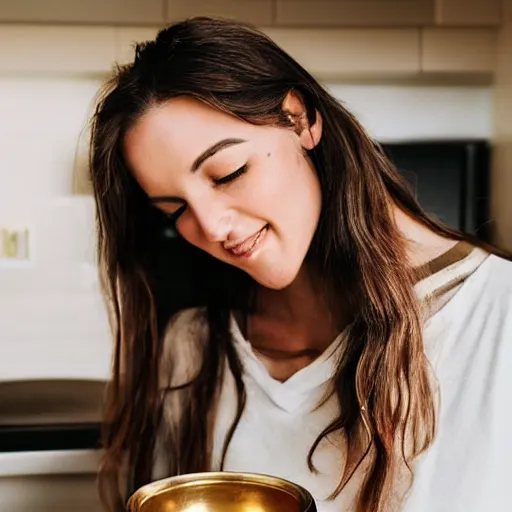 Image similar to a candid portrait of a brunette female, young, athletic, australian, pixellated face, wearing a gold tshirt in a kitchen, closeup