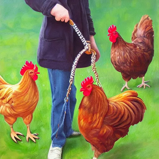 Image similar to chickens owning a human pet, human on leash, chicken is holding the leash, oil painting, hyper realistic,