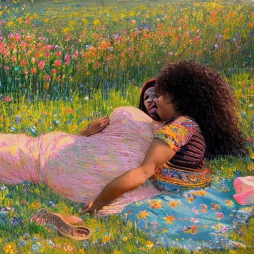 Prompt: egyptian man with long curly hair in a field of flowers, alongside a pregnant black woman with curly hair, laying down, picnic, with a tiny black puppy in the middle, golden hour, vintage, impressionist painting, fine art, oil painting, dreamy, pastel, laughing, happy, intricate details, sharp, peaceful, serene