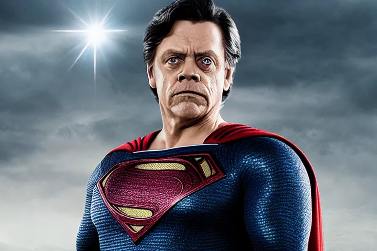 Image similar to promotional image of mark hamill as superman in the new superman movie, detailed face, movie still frame, promotional image, imax 70 mm footage