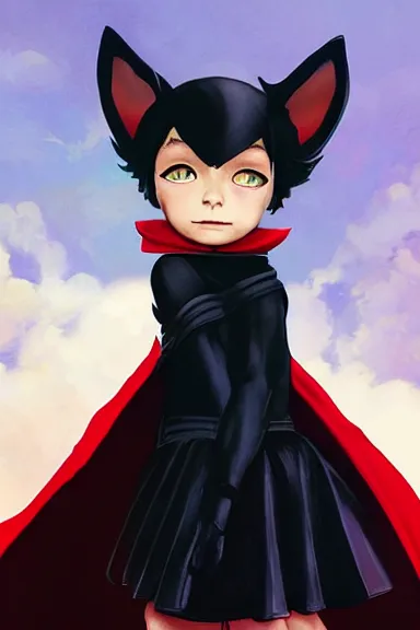 Image similar to little boy with cat ears in an black outfit with red cape. digital artwork made by lois van baarle and norman rockwell and marc simonetti, sharpness focus, inspired by hirohiko araki, anatomically correct, heroic composition, hero pose, smooth