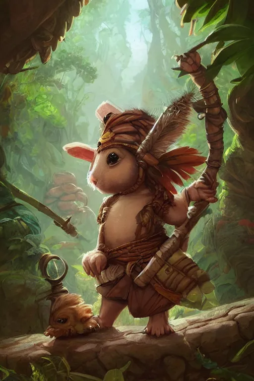 Image similar to cute little anthropomorphic Guinea Pig Indian Jungle native, tiny, small, short, wielding spear, cute and adorable, pretty, beautiful, DnD character art portrait, matte fantasy painting, DeviantArt Artstation, by Jason Felix by Steve Argyle by Tyler Jacobson by Peter Mohrbacher, cinematic lighting