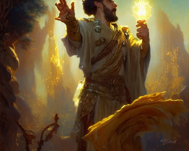 Prompt: attractive wizard man, casting light magic, summoning a handsome deity. highly detailed painting by gaston bussiere, craig mullins, j. c. leyendecker 8 k