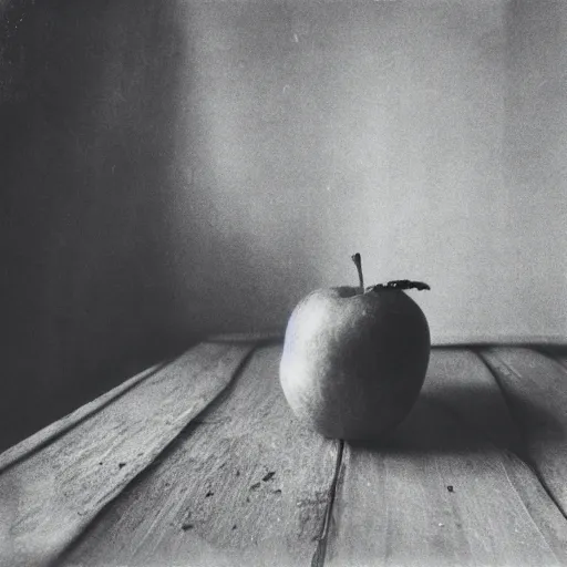 Prompt: A collodion-styled photograph of a surrealist scene of an apple in a room with some strange objects scattered around, shallow depth of field, wide-angle lens