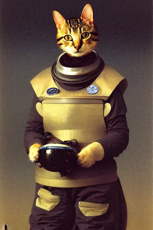 Image similar to portrait of a cat astronaut with japanese armor and helmet, by bouguereau