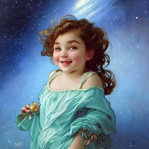 Image similar to a cute little girl with a round cherubic face, blue eyes, and short curly light brown hair smiles as she floats in space with stars all around her. She is wearing a turquoise dress. Beautiful painting by Artgerm and Greg Rutkowski and Alphonse Mucha