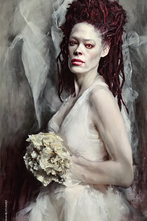 Prompt: Richard Schmid and Jeremy Lipking full length portrait painting of the Bride of Frankenstein