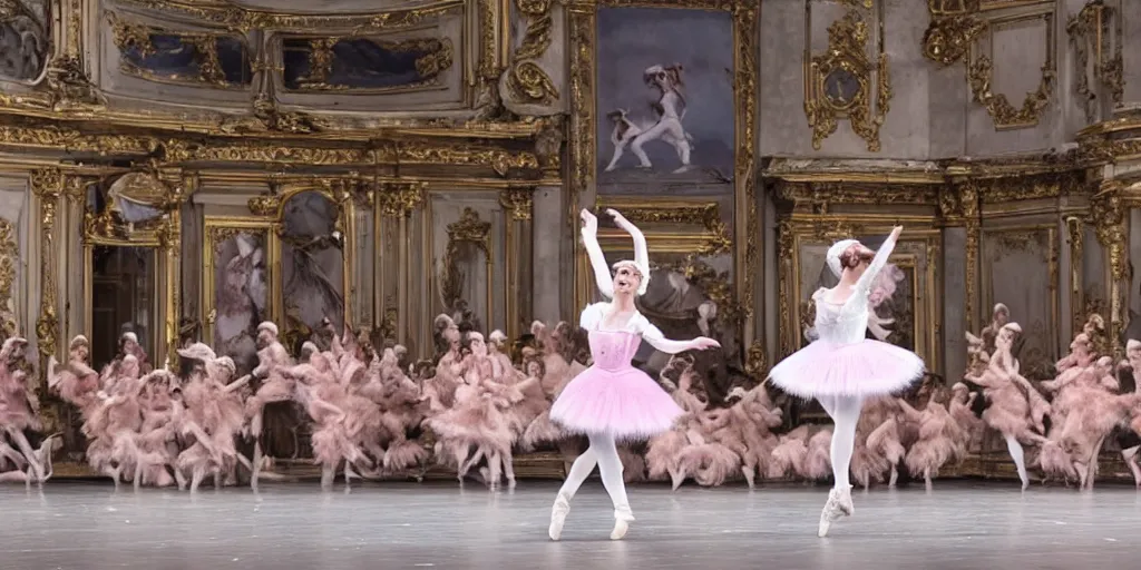 Image similar to a bunny balerina dancing the black swan on the stage of the opera garnier