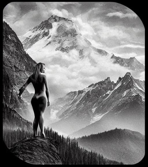 Image similar to tattoo design of beautiful woman against a background of beautiful mountains and nature, in the style of den yakovlev, black and white, hyper realistic, highly detailed