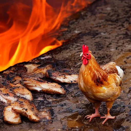 Prompt: chicken at the edge of a fiery river - s 3 5 2 9 4 8 3 7 4 9