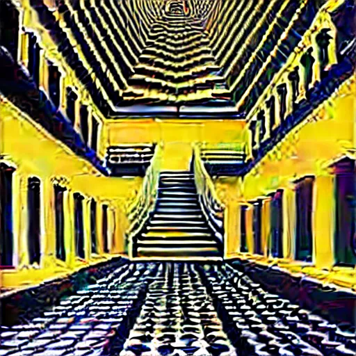 Image similar to inside a very large room with many staircases, insanely Intricate, exquisitely ornate, art by Maurits Cornelis Escher and Victor Vasarely and Rob Gonsalves